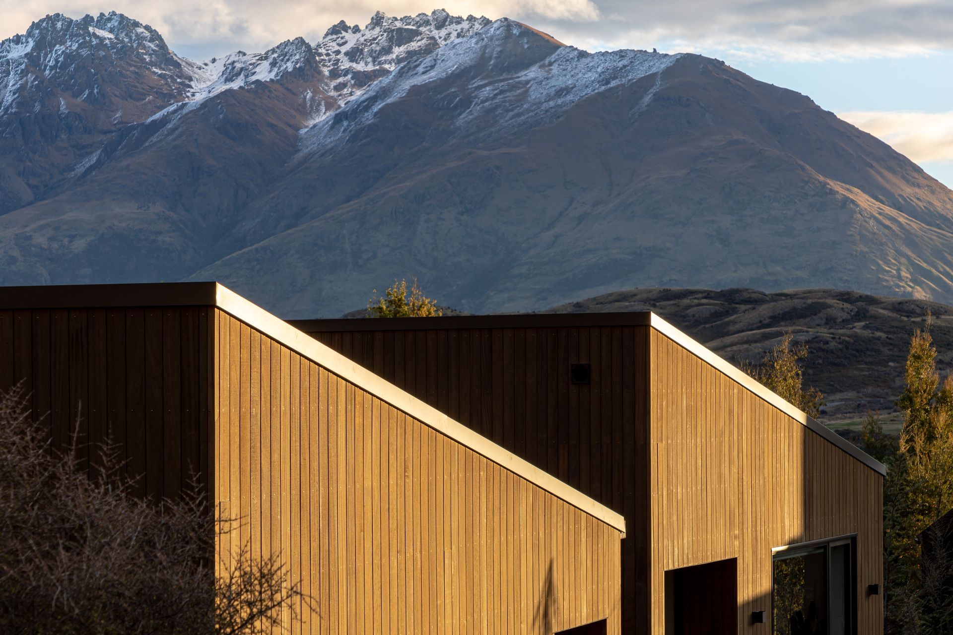 Simple, timber clad monopitch building forms