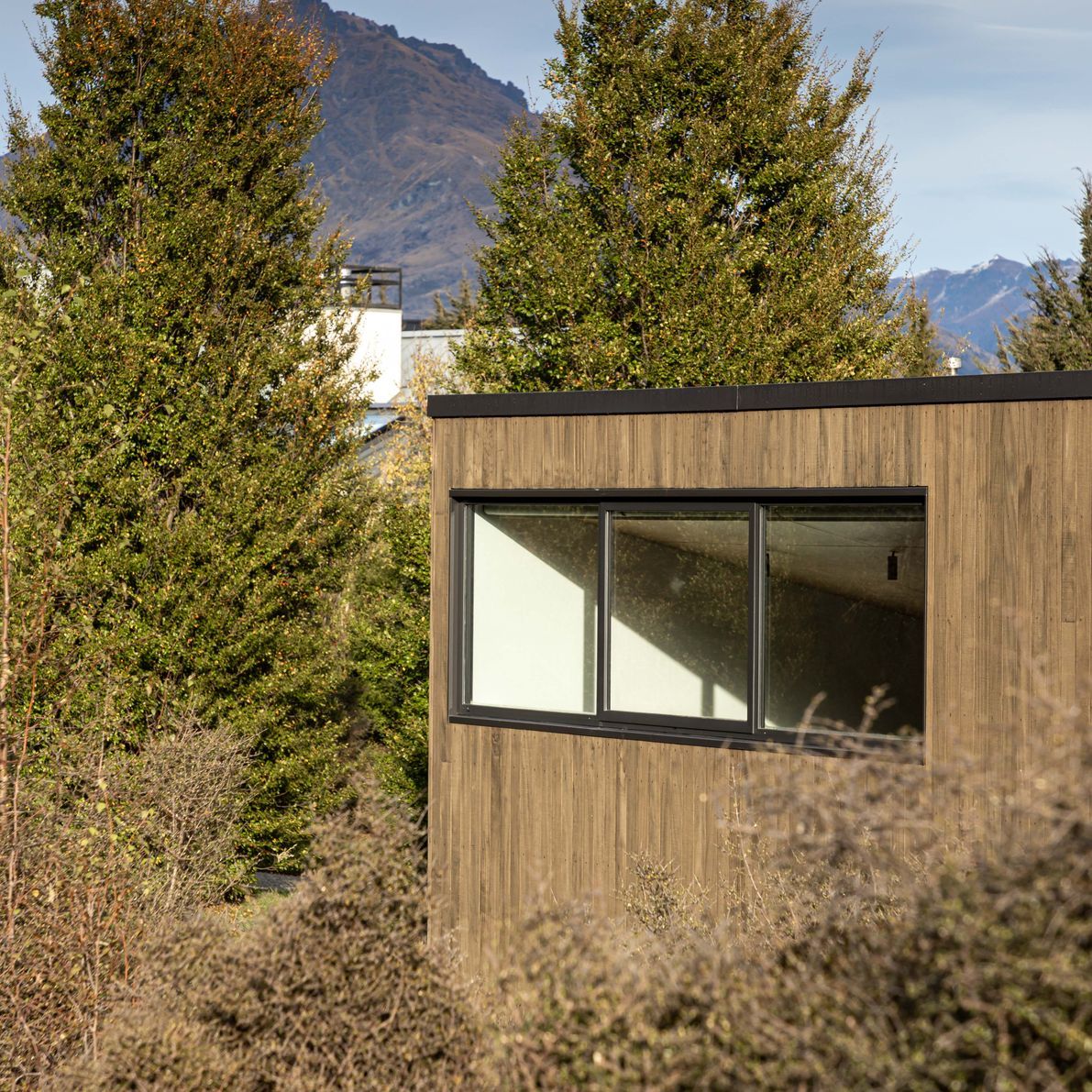 Kanuka stained timber cladding blends with the surrounding native vegetation