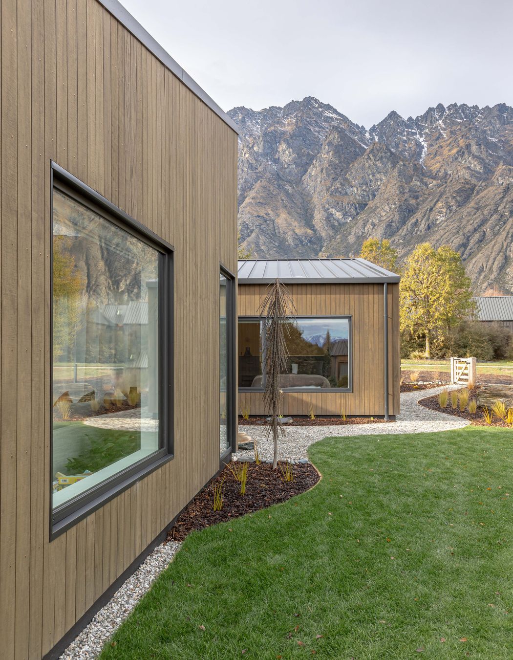 A series of outdoor spaces and courtyard areas link the main pavilion forms