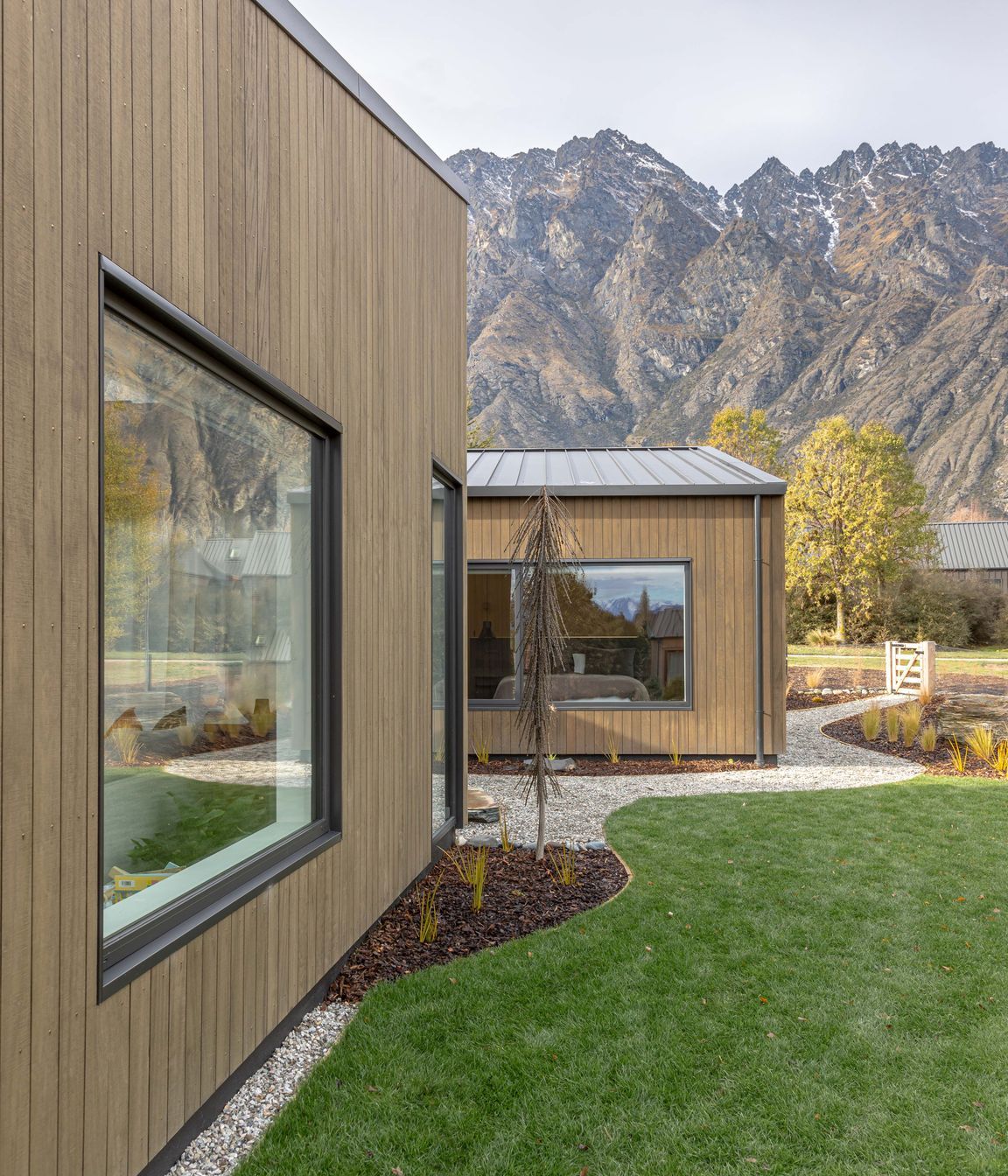 A series of outdoor spaces and courtyard areas link the main pavilion forms