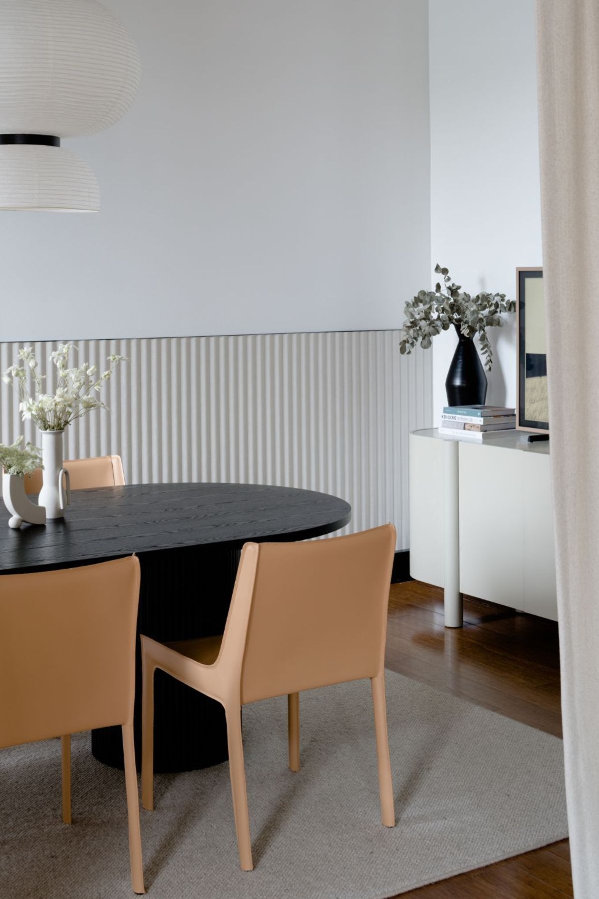 Carlo Dining Chairs, Benjamin Ripple Oval Dining Table and Artie Buffet