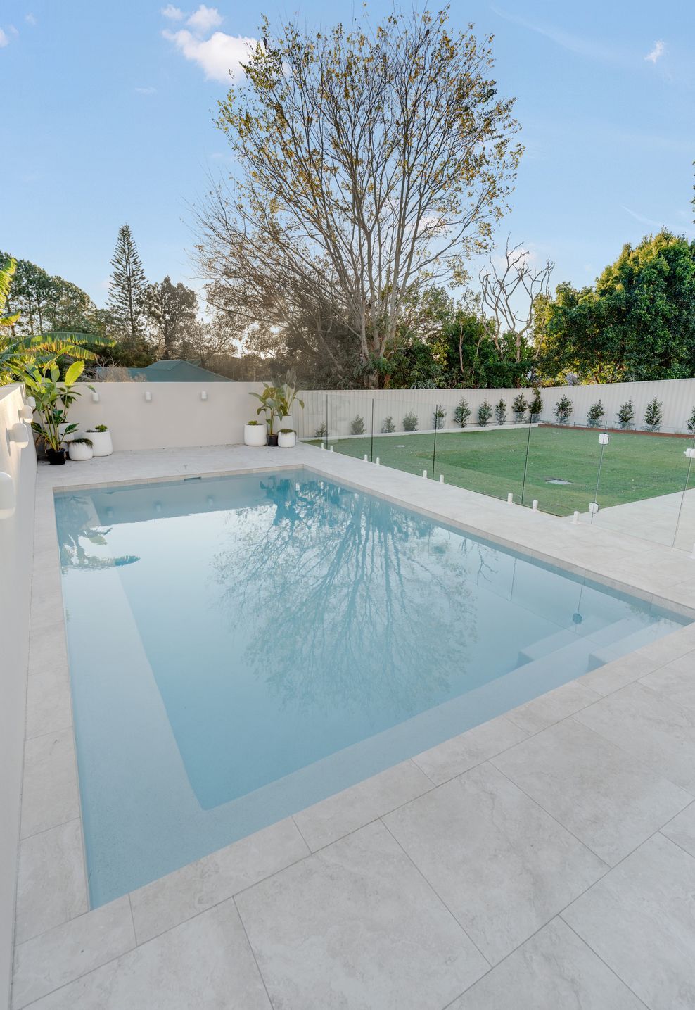 Mature trees reflect across the pool, glass fencing keeping the yard open and light.