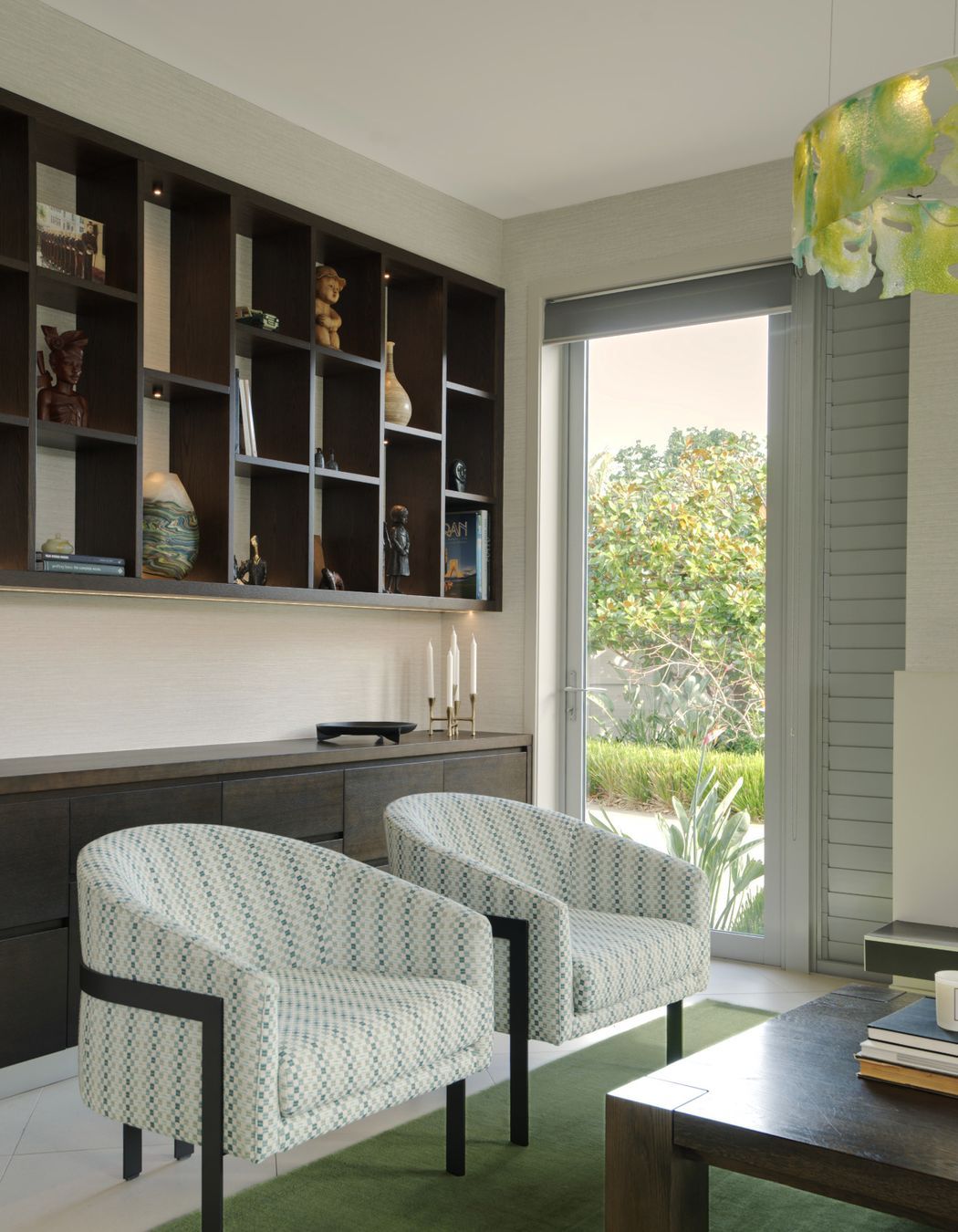 Lounge interior renovation with bespoke oak cabinetry.