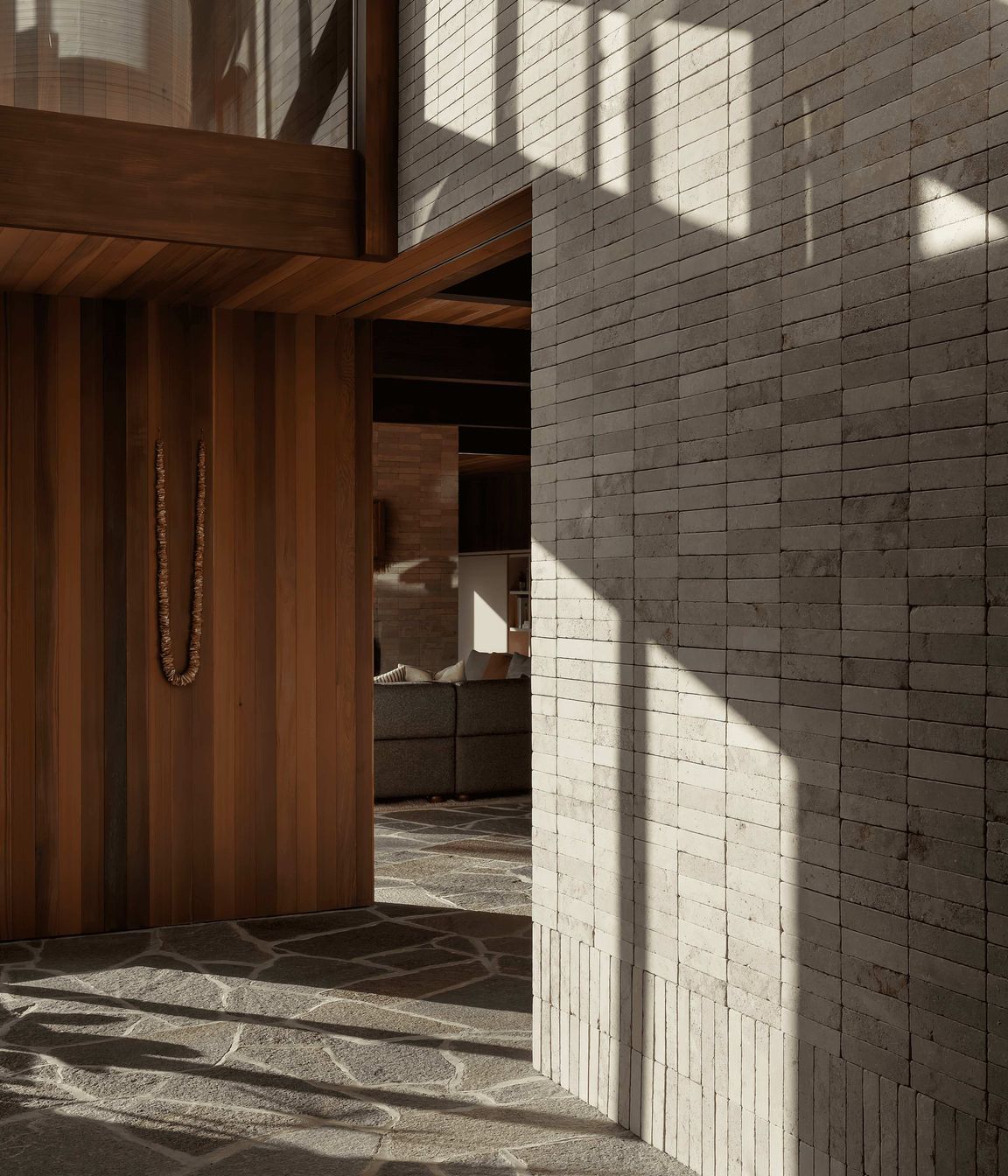 To embed the home resolutely in its locale through materiality, incorporating textural surfaces was pivotal. “Instantly struck by the rich texture of the stone and variation of tone that was at play from piece to piece,” Alex was taken by the soft yet robust nature of Luca crazy paving