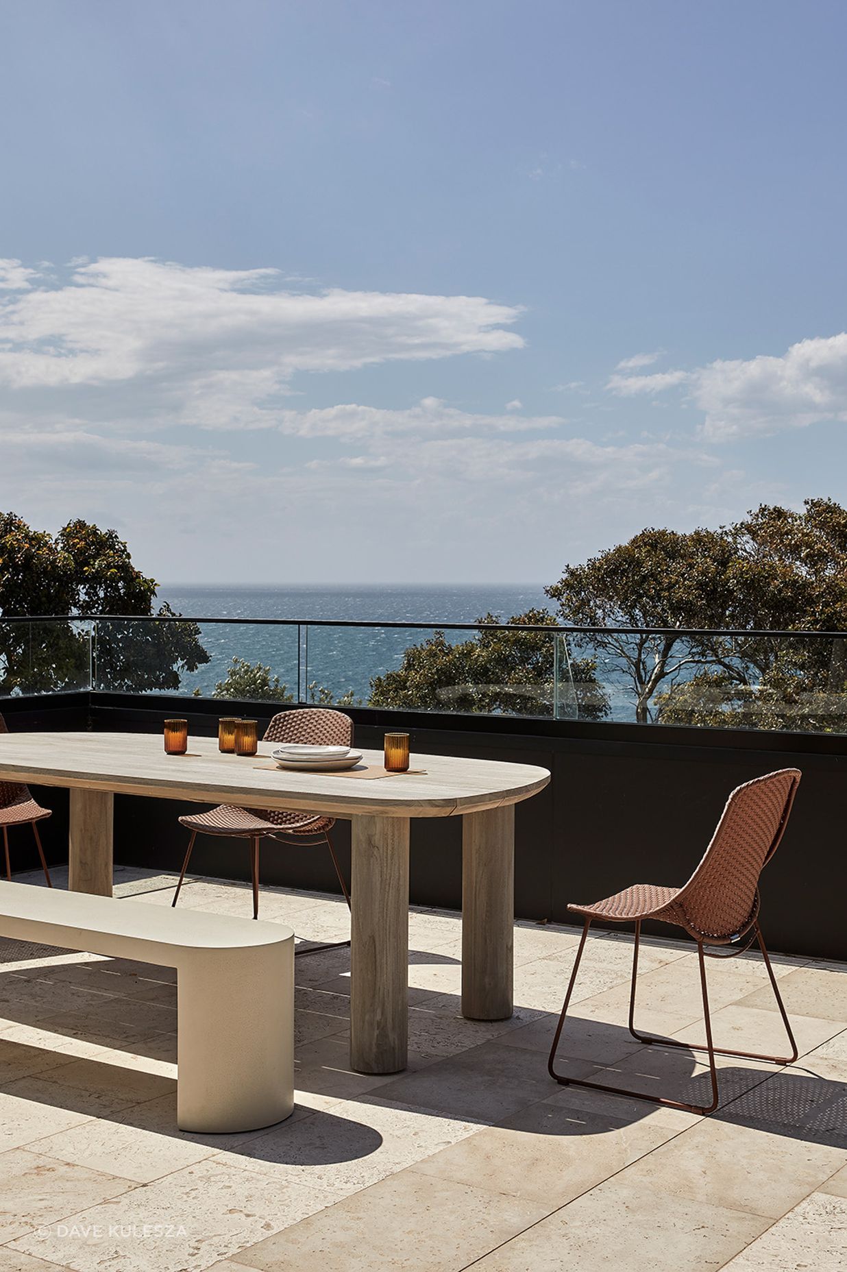 Pictured: Seb Outdoor Dining Table, Petra Bench, Corsica Scoop Dining Chair