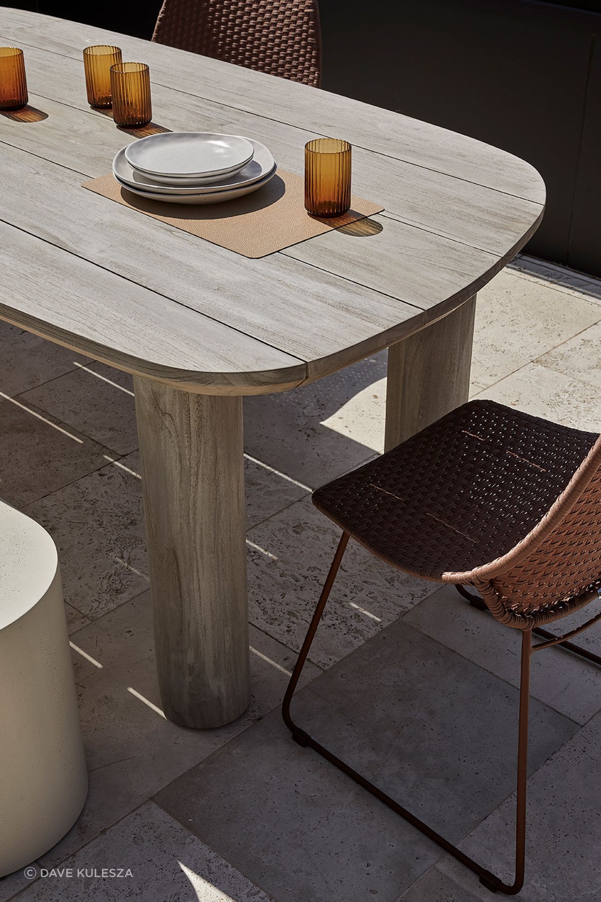 Pictured: Seb Outdoor Dining Table, Petra Bench, Corsica Scoop Dining Chair