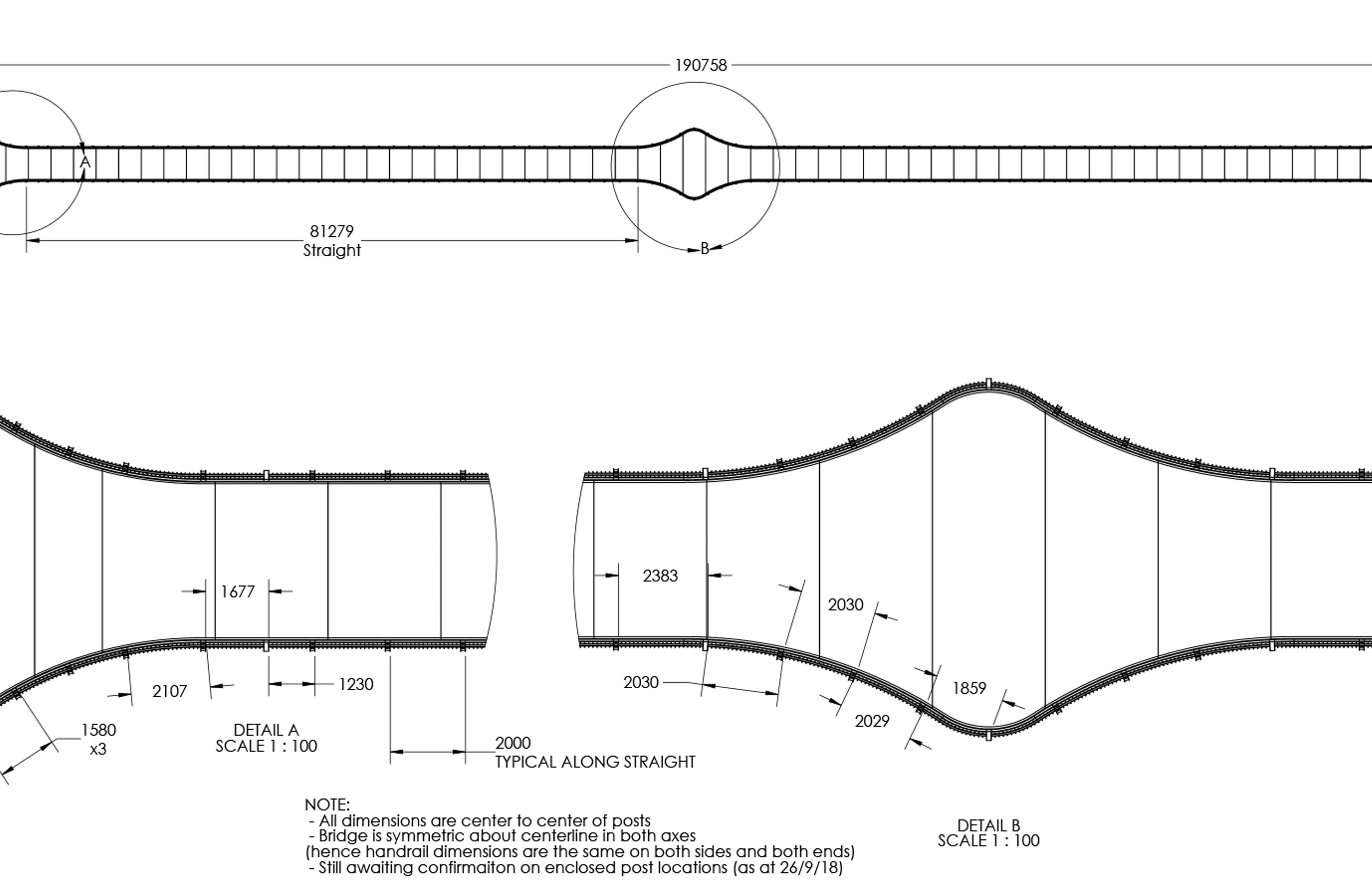 These diagrams show the overall plan view of the bridge and some detail views of the curved parts of the bridge. The curves at the entry and exit of the bridge were achieved by rolling the Richie Rail 26 handrail and extrusion to suit. The curve was gentle enough that the diffuser and LED strip complied to the bend without the need for any modification. The curves at the very centre of the bridge were too tight to bend the Richie Rail 26 to, so the handrails in this area were instead made with standard round tube.