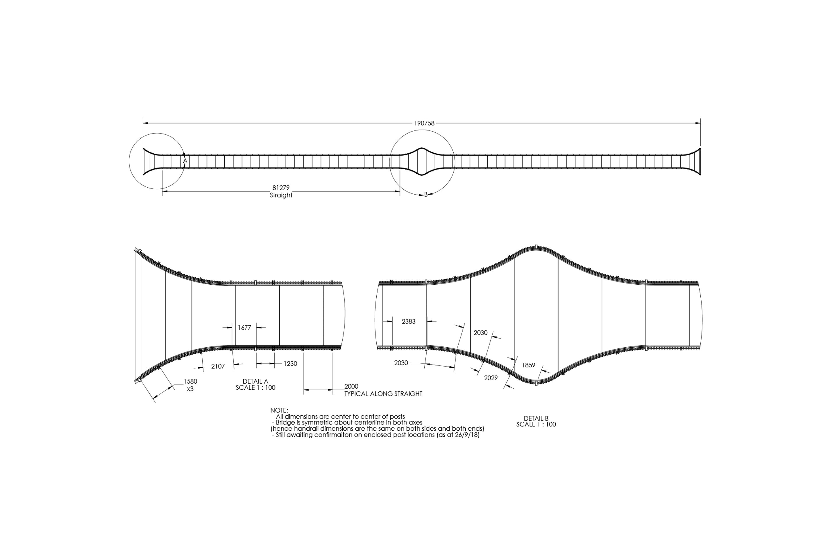 These diagrams show the overall plan view of the bridge and some detail views of the curved parts of the bridge. The curves at the entry and exit of the bridge were achieved by rolling the Richie Rail 26 handrail and extrusion to suit. The curve was gentle enough that the diffuser and LED strip complied to the bend without the need for any modification. The curves at the very centre of the bridge were too tight to bend the Richie Rail 26 to, so the handrails in this area were instead made with standard round tube.