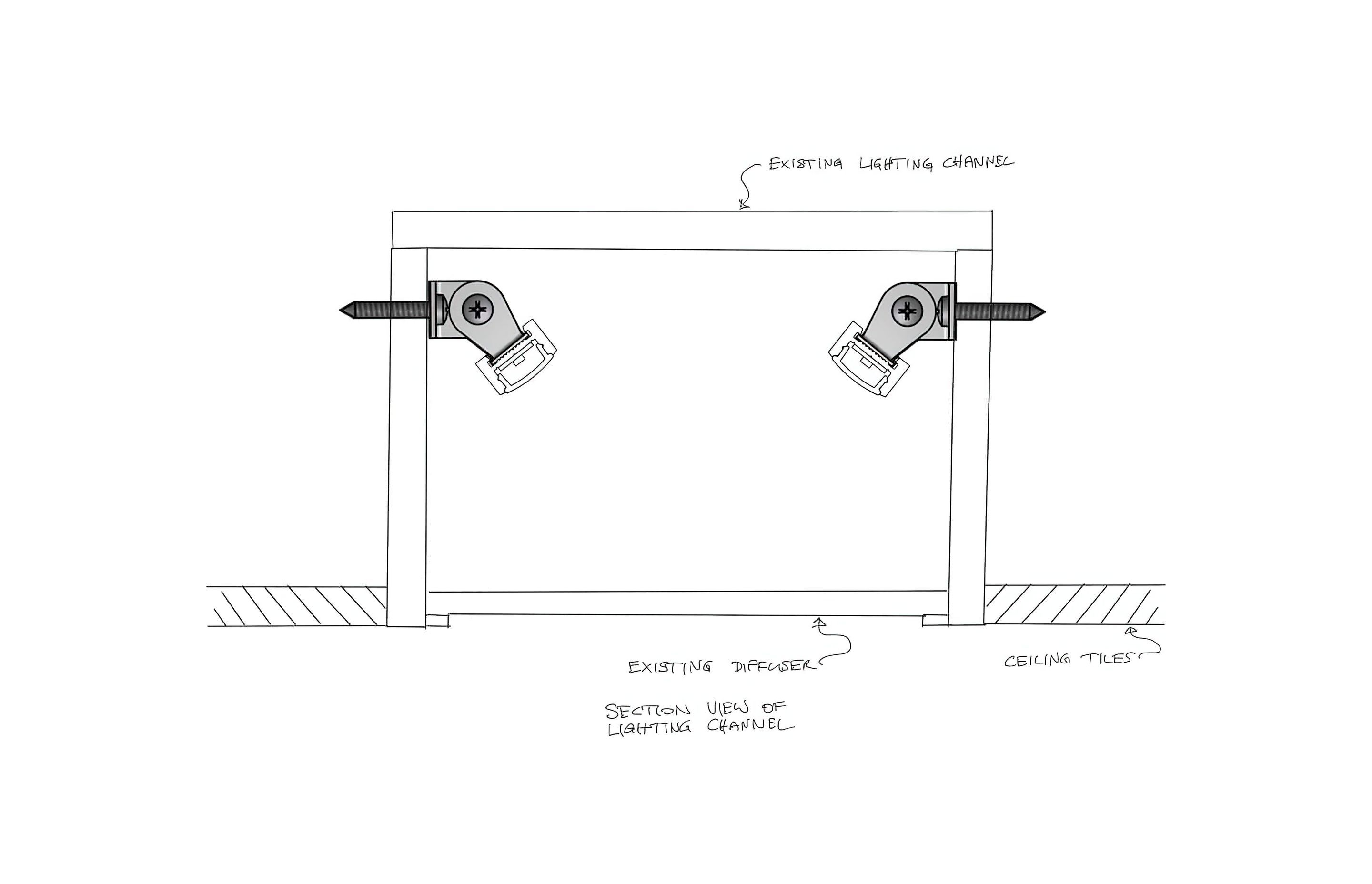 Our adjustable mounting brackets were fixed to the sides of the existing lighting channels. The adjustable brackets allowed the angle of the profile to be adjusted for best distribution of light across the diffuser. Colour control was provided by remote DALI modules.
