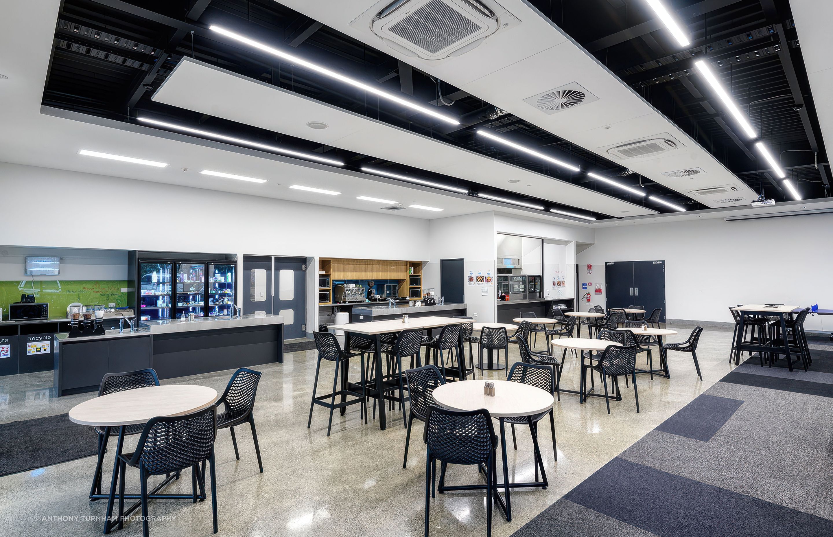 The building design featured a black baffle ceiling treatment in the entrance lobby space. Bright Light Christchurch Operations Manager, Terrence Courtney worked with the electrical contractor to develop a unique baffle mounting solution for our Highline 05 luminaires to facilitate easy on-site installation &amp; height adjustment. 



The meeting rooms &amp; training space featured stunning single or double Highline 05 fittings in a crisp white powder-coat and rod suspended with both direct and indirect lighting to add light level control in dynamic presentation spaces.