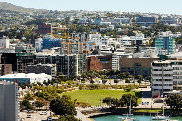 Wide elevated view across a dense urban waterfront precinct, showing modern mid- and high-rise commercial and residential buildings, a landscaped green park, roads, and a marina or inlet in the foreground. Hillside development and extensive tree cover are visible in the background under bright daylight.