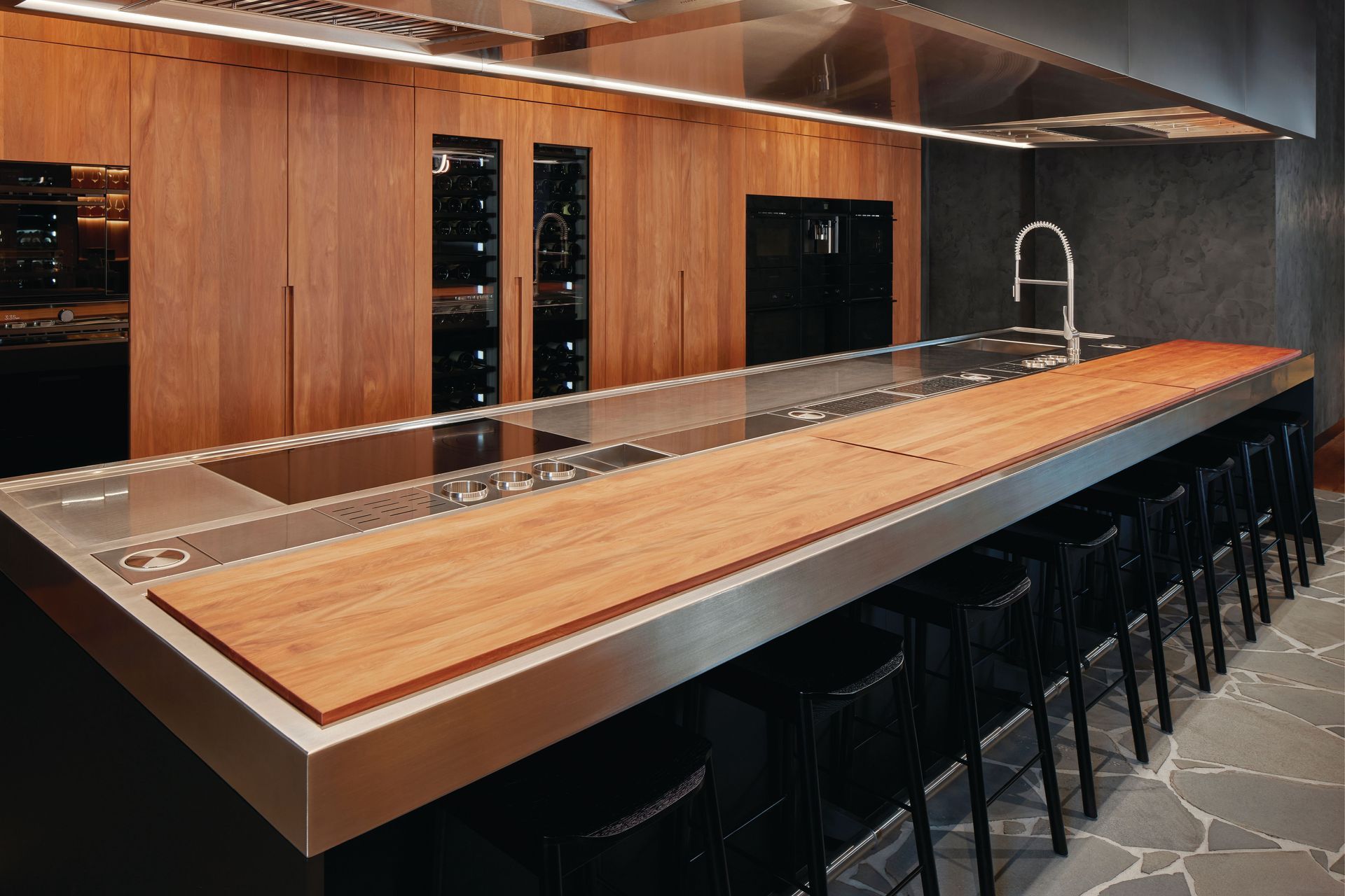 Prime Veneer, Toitū NZ Totara, Fisher &amp; Paykel Auckland Experience Centre. Joinery by Hewe Architectural Cabinetry and Dimension Shopfitters.