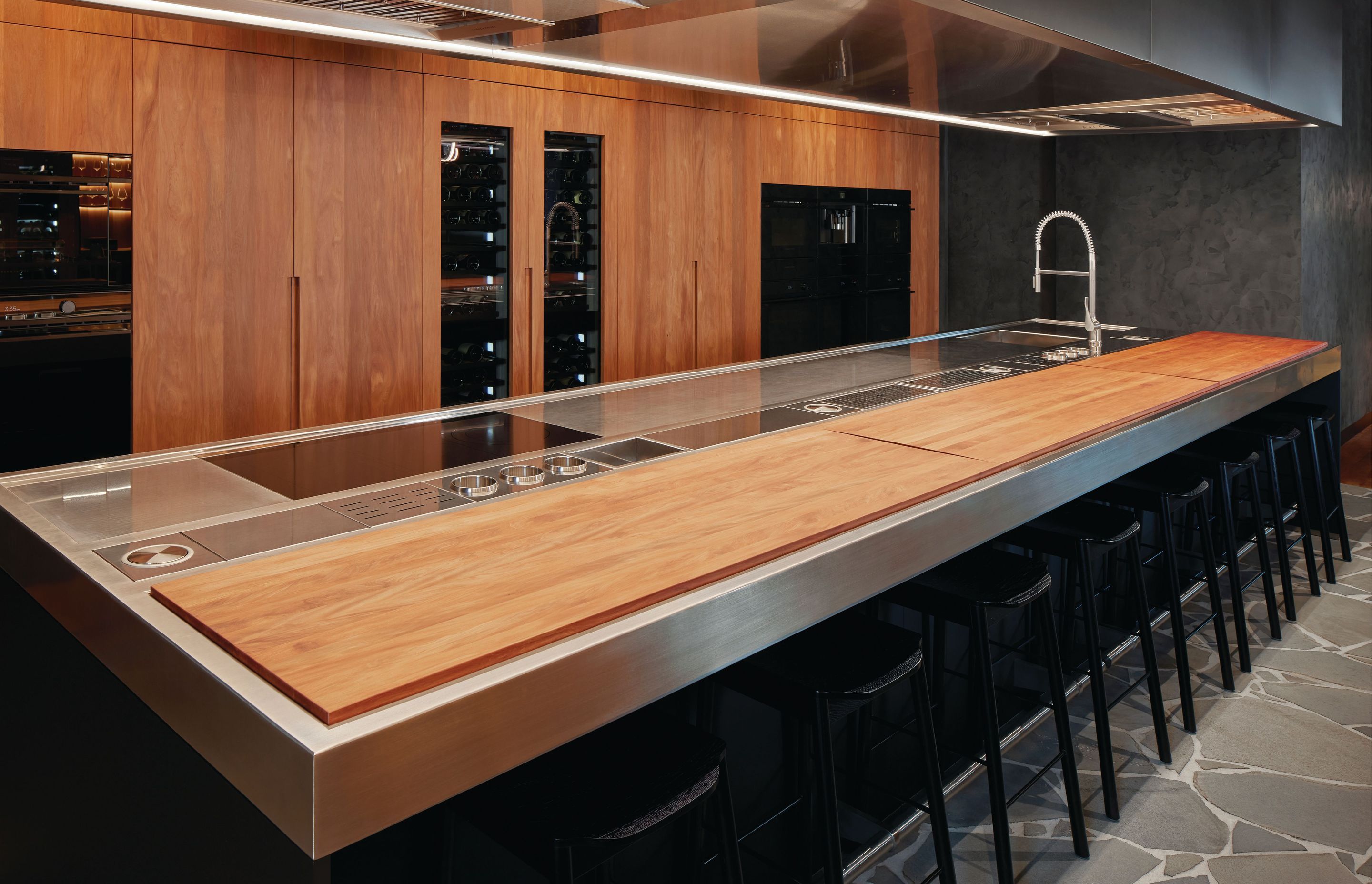 Prime Veneer, Toitū NZ Totara, Fisher &amp; Paykel Auckland Experience Centre. Joinery by Hewe Architectural Cabinetry and Dimension Shopfitters.