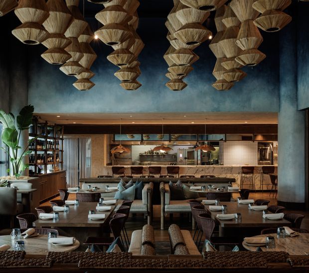 A sophisticated restaurant dining room with multiple rows of sculptural woven pendant lights suspended from a dark ceiling. The space features dark timber or wood-toned joinery, a blue-grey textured feature wall, a long open bar and kitchen counter, marble-look surfaces, upholstered banquette seating, dark dining tables, woven chairs, and warm low-level lighting. Indoor greenery and shelving add natural detail. The overall atmosphere is moody, intimate, refined, and upscale.