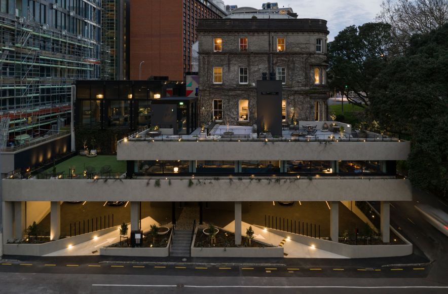 Northern Club Bankside Extension - balustrade, bollard and green facade 