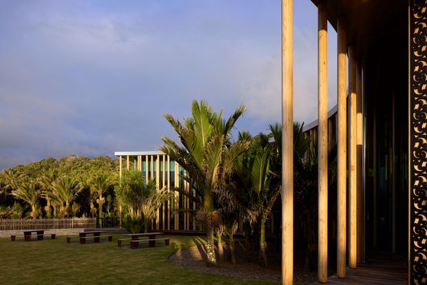 Exterior architectural view of a contemporary building surrounded by tropical landscaping and palm trees. The composition highlights tall timber posts, dark glazing, a covered walkway or veranda, and an ornate dark patterned screen at the right edge. A manicured lawn, curved gravel planting bed, and low outdoor seating or bench elements occupy the foreground, with another glazed building volume visible in the background.