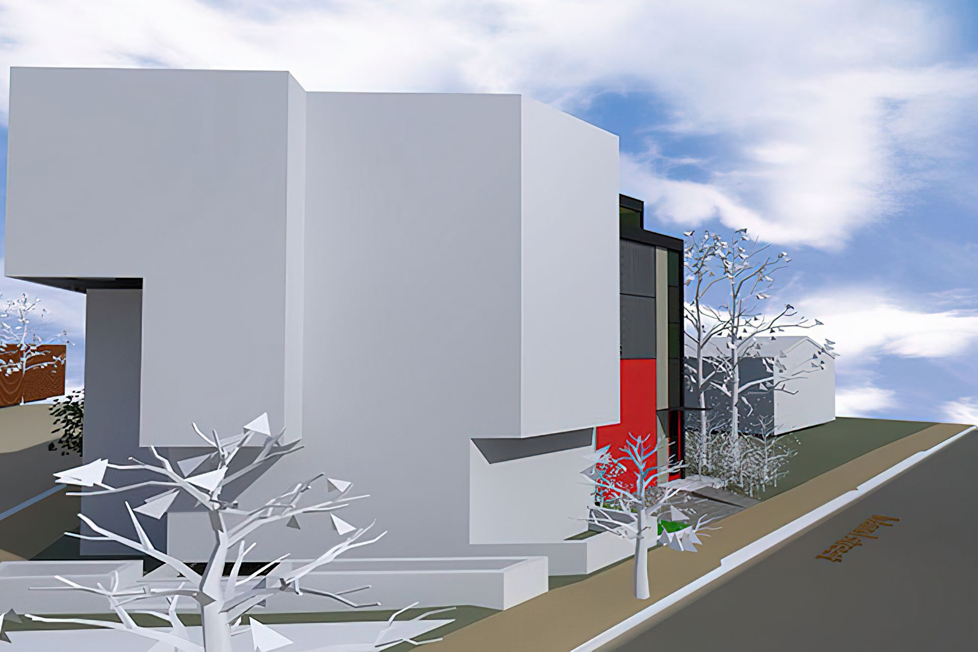 New building wraps into and behind existing corner building, also designed by us