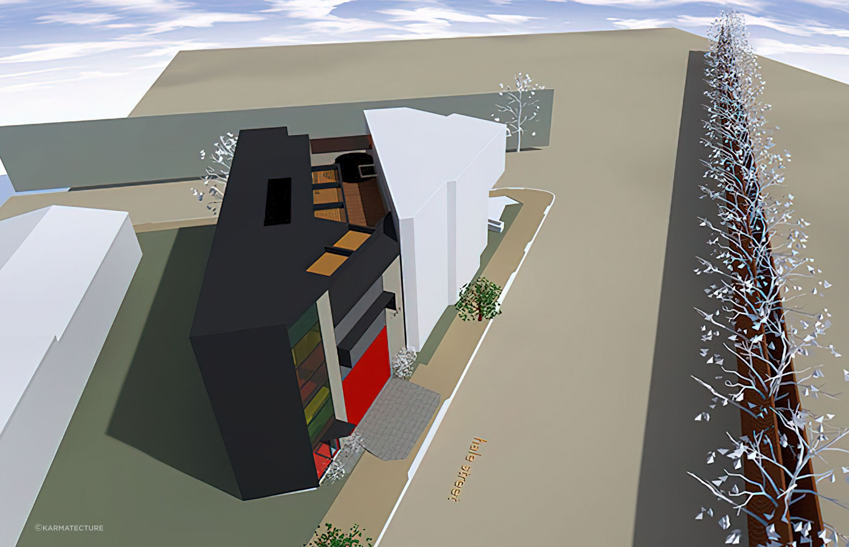 New building wraps into and behind existing corner building, also designed by us