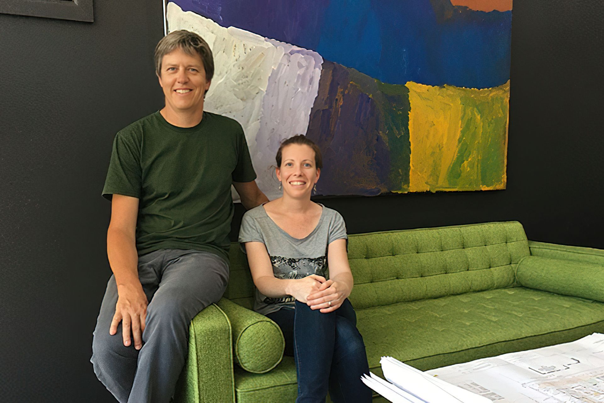 In the new studio, a great space to work. The green sofa made it from 3-D to reality, as well as the work by Kudditji Knagwarreye