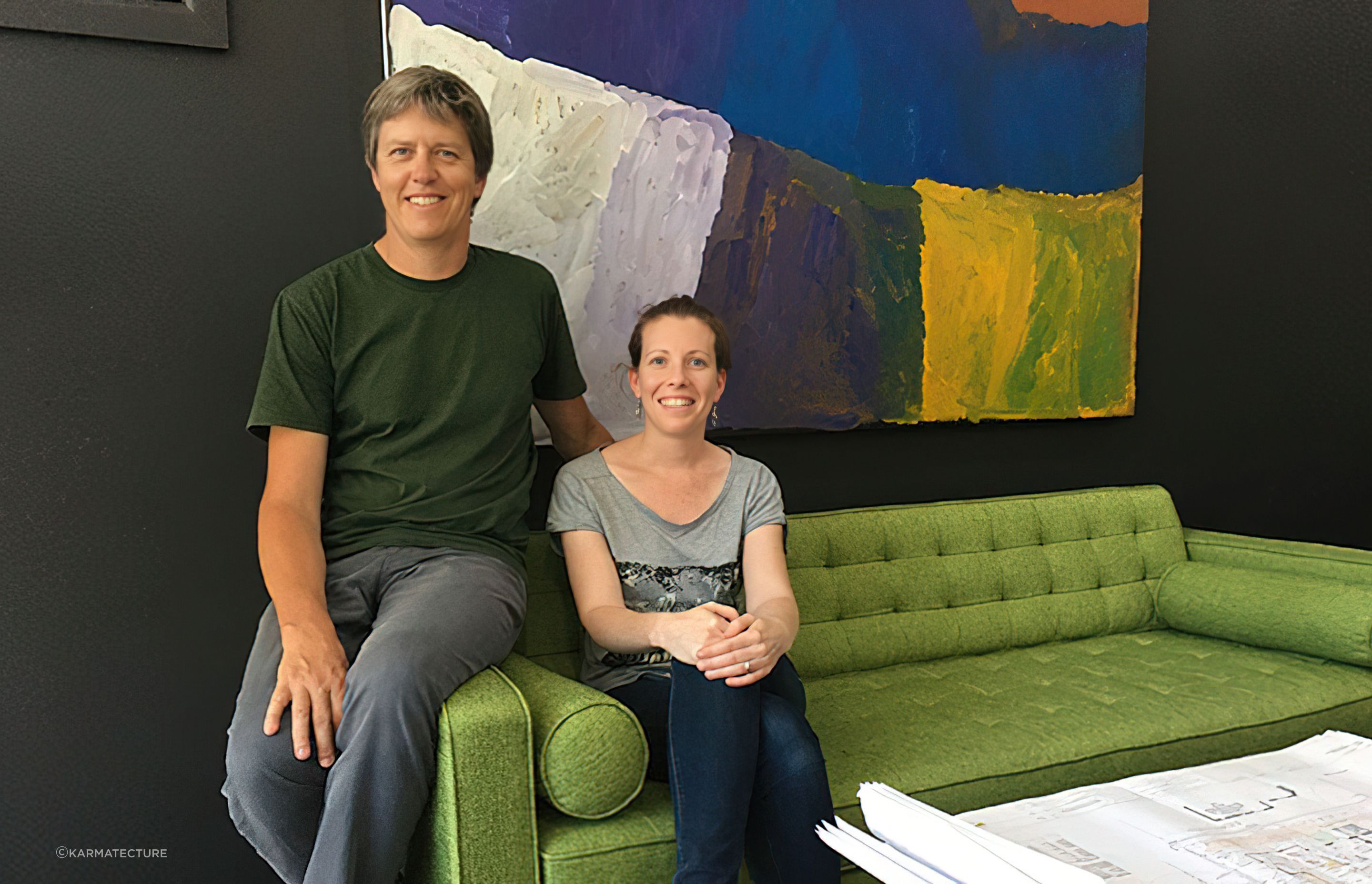 In the new studio, a great space to work. The green sofa made it from 3-D to reality, as well as the work by Kudditji Knagwarreye