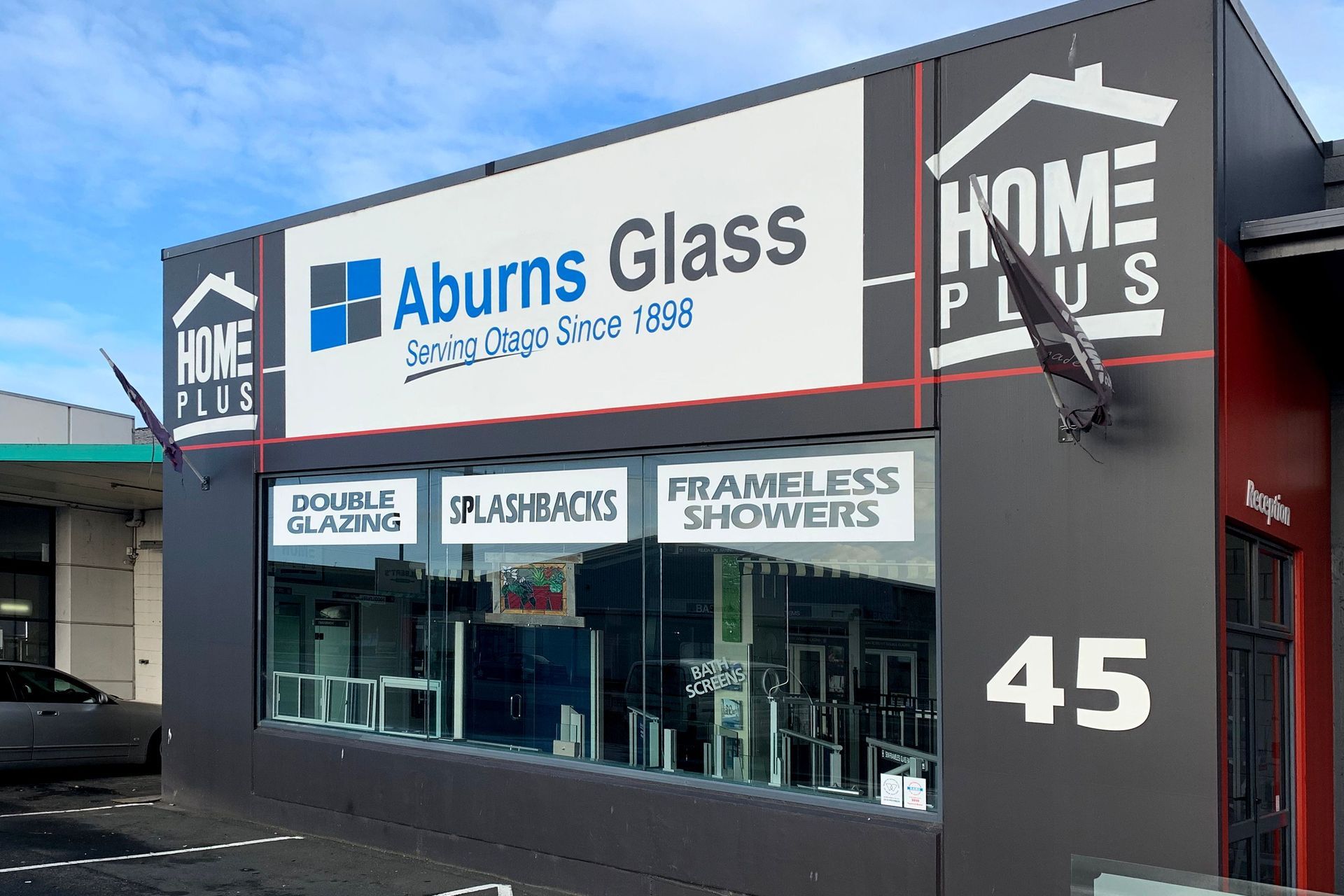 Hand painted sign for Aburns Glass, Dunedin