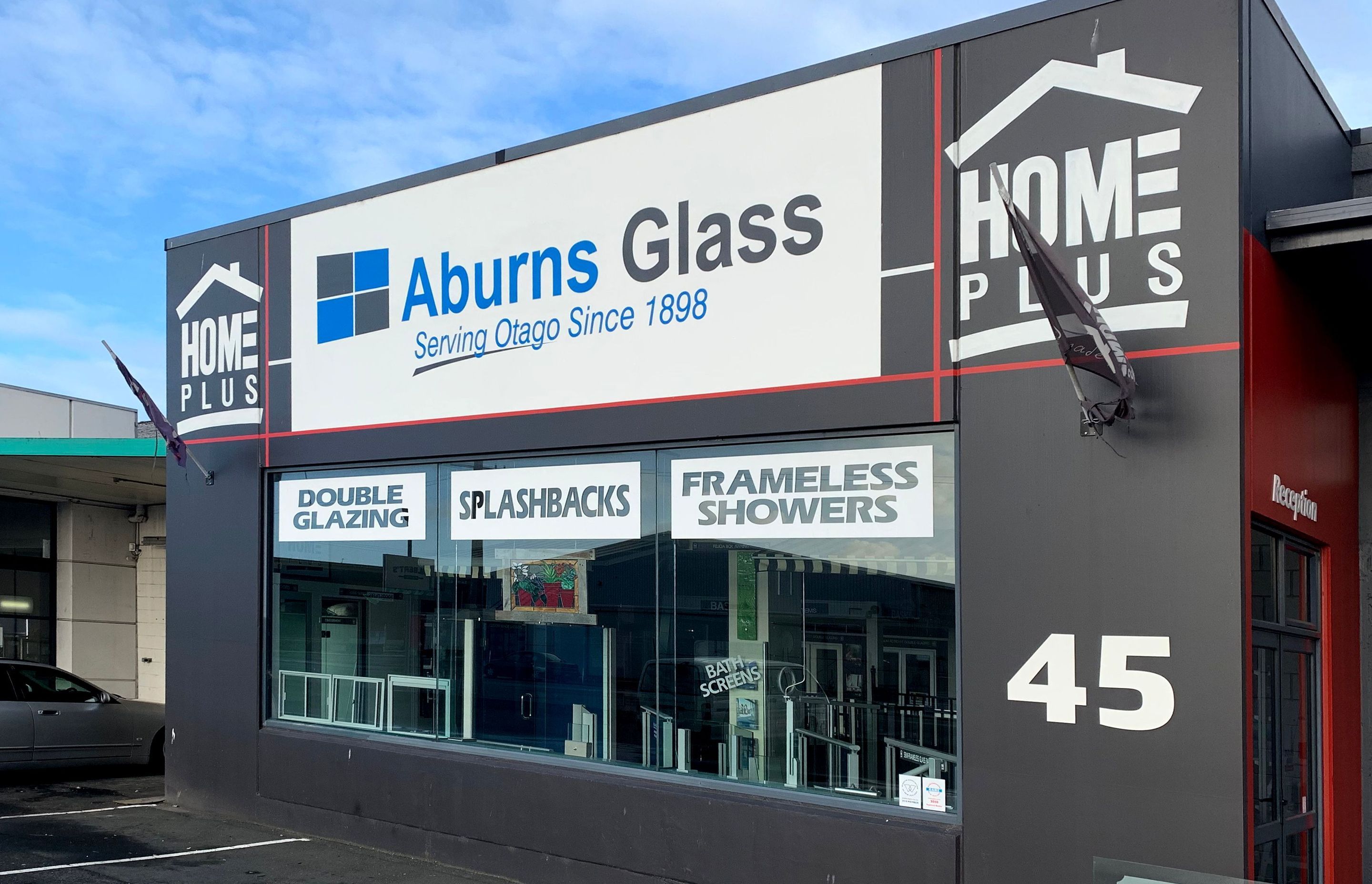 Hand painted sign for Aburns Glass, Dunedin