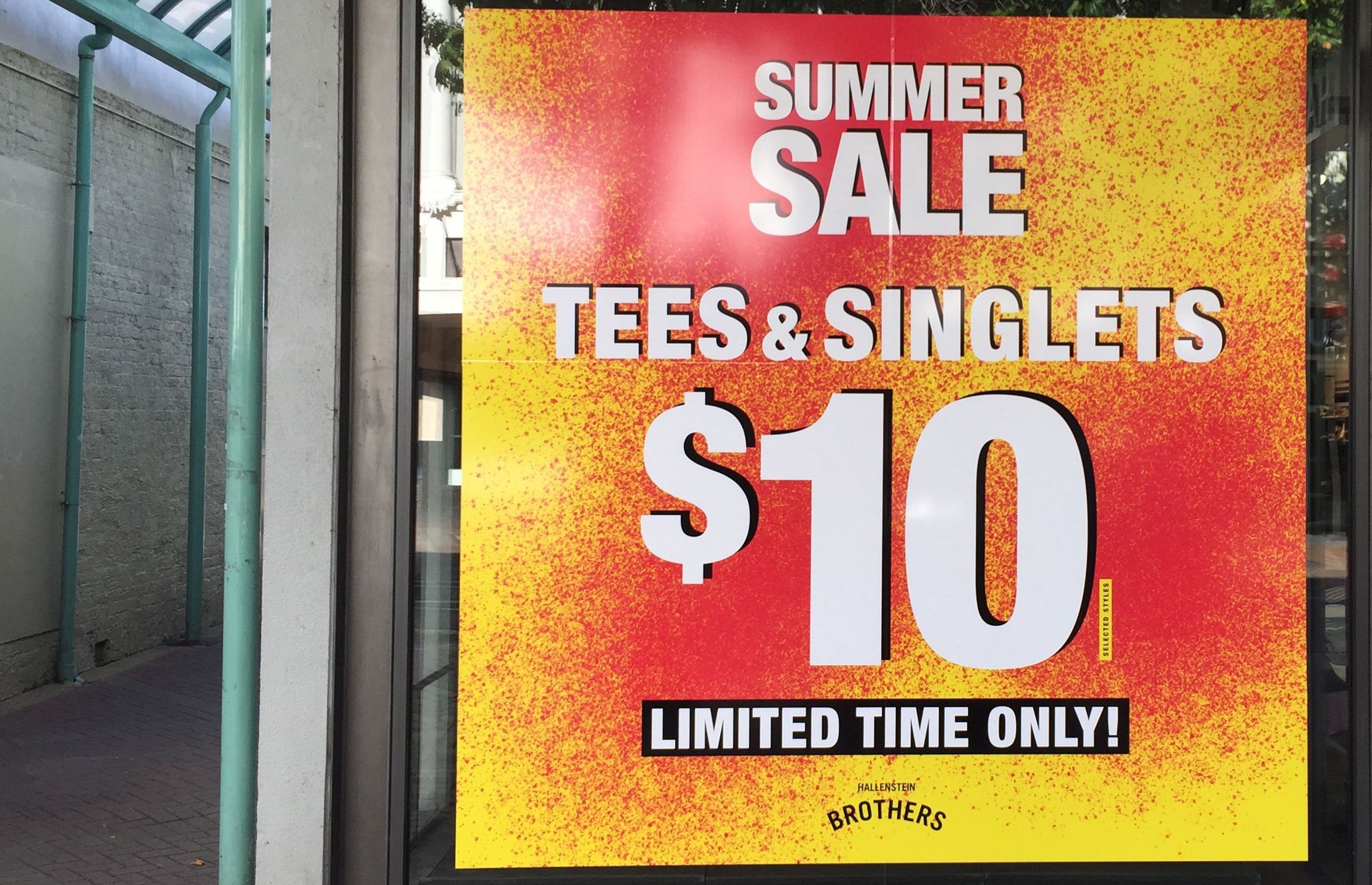 Window signage for Hallensteins, Dunedin