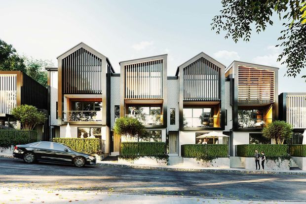 Architectural visualization of a row of contemporary multi-storey townhouses with repeated steep gabled roof forms, tall glazed openings, vertical dark screening, timber accents, balconies, and landscaped street-front courtyards. The development presents a cohesive modern residential facade viewed from the street.