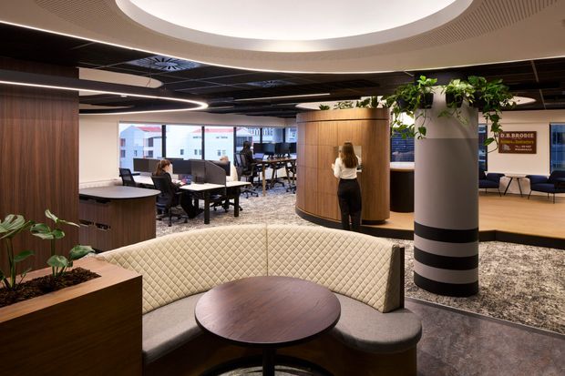 A sophisticated contemporary commercial office interior with an open-plan workspace, private meeting or collaboration areas, curved timber-clad joinery, integrated planter columns, patterned carpet, and a built-in quilted banquette around a round dark timber table. The ceiling features layered circular forms, recessed lighting, dark acoustic panels, and linear illumination. The space has a refined hospitality-inspired workplace aesthetic with abundant indoor planting and large windows.