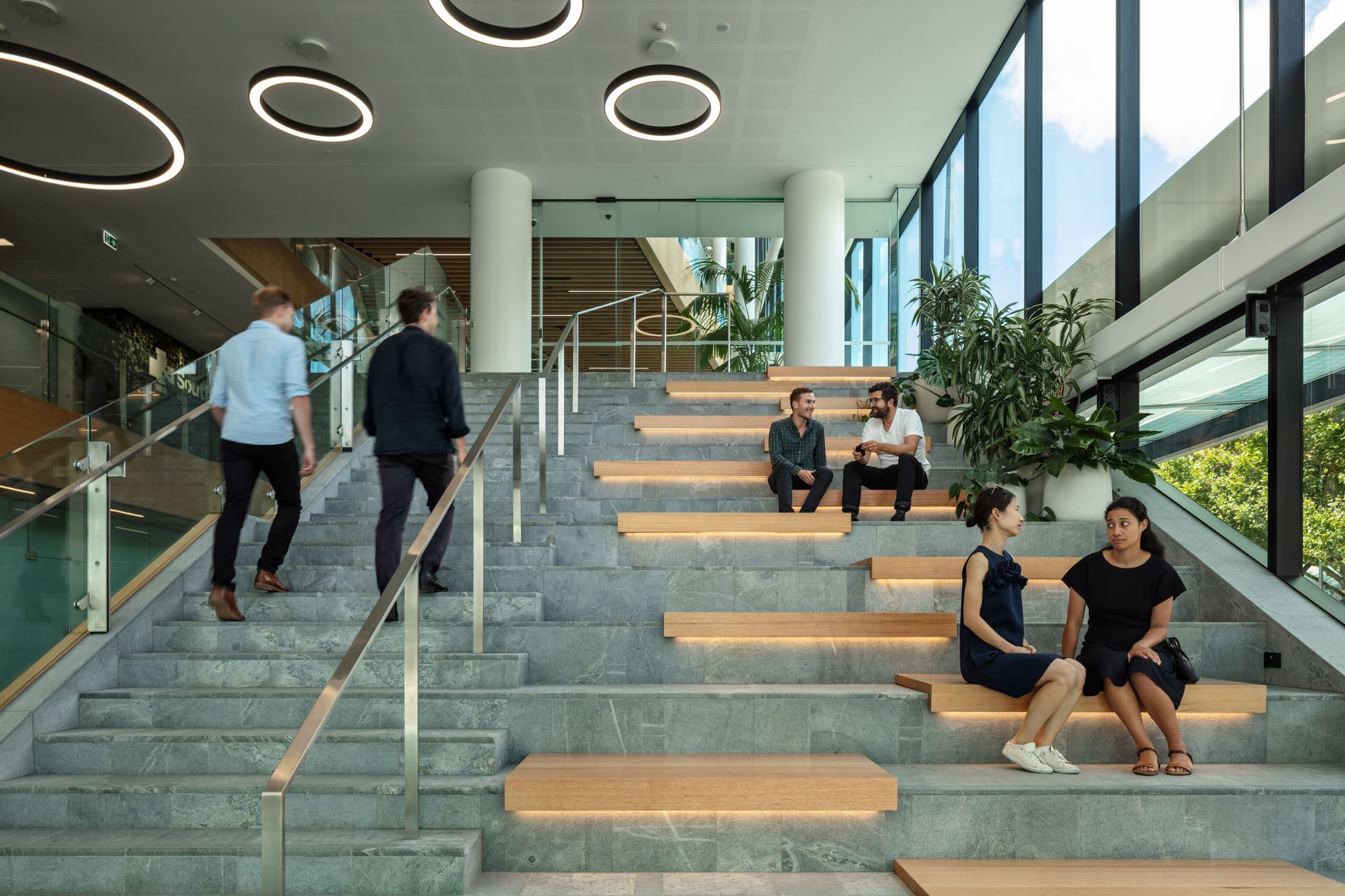 In keeping with the brief to create a series of open, collaborative spaces, the lobby stairs also act as an informal meeting space.