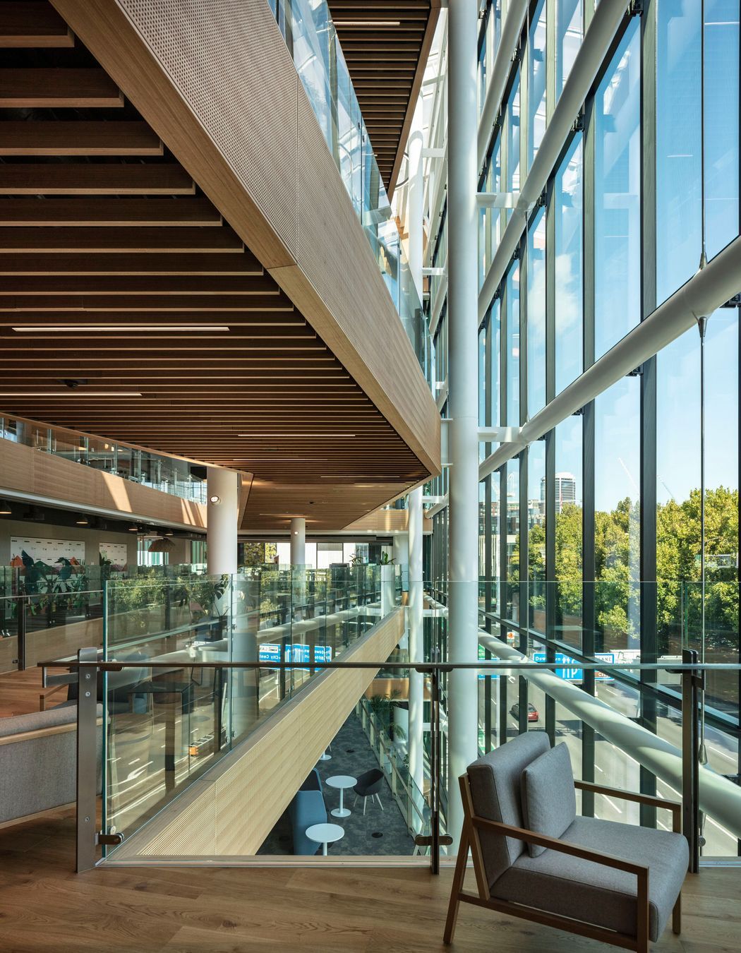 The southern facade's curtain wall comprises low-iron glass, which is extra clear to provide the best possible view out to Victoria Park.