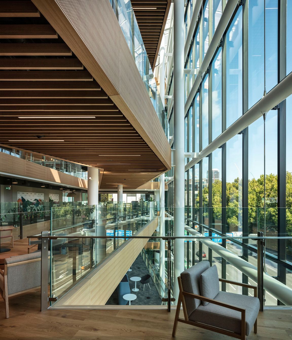 The southern facade's curtain wall comprises low-iron glass, which is extra clear to provide the best possible view out to Victoria Park.