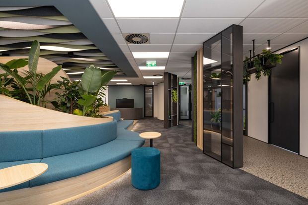 A contemporary commercial interior reception or breakout area with a curved blue upholstered banquette wrapping around raised planters, light timber detailing, indoor greenery, and small round tables. The space includes dark framed glazed partitions and doors, a grey carpeted floor, a suspended acoustic feature ceiling with layered wave-like panels, and a modern suspended ceiling with integrated lighting and services. The atmosphere is modern, polished, and inviting.