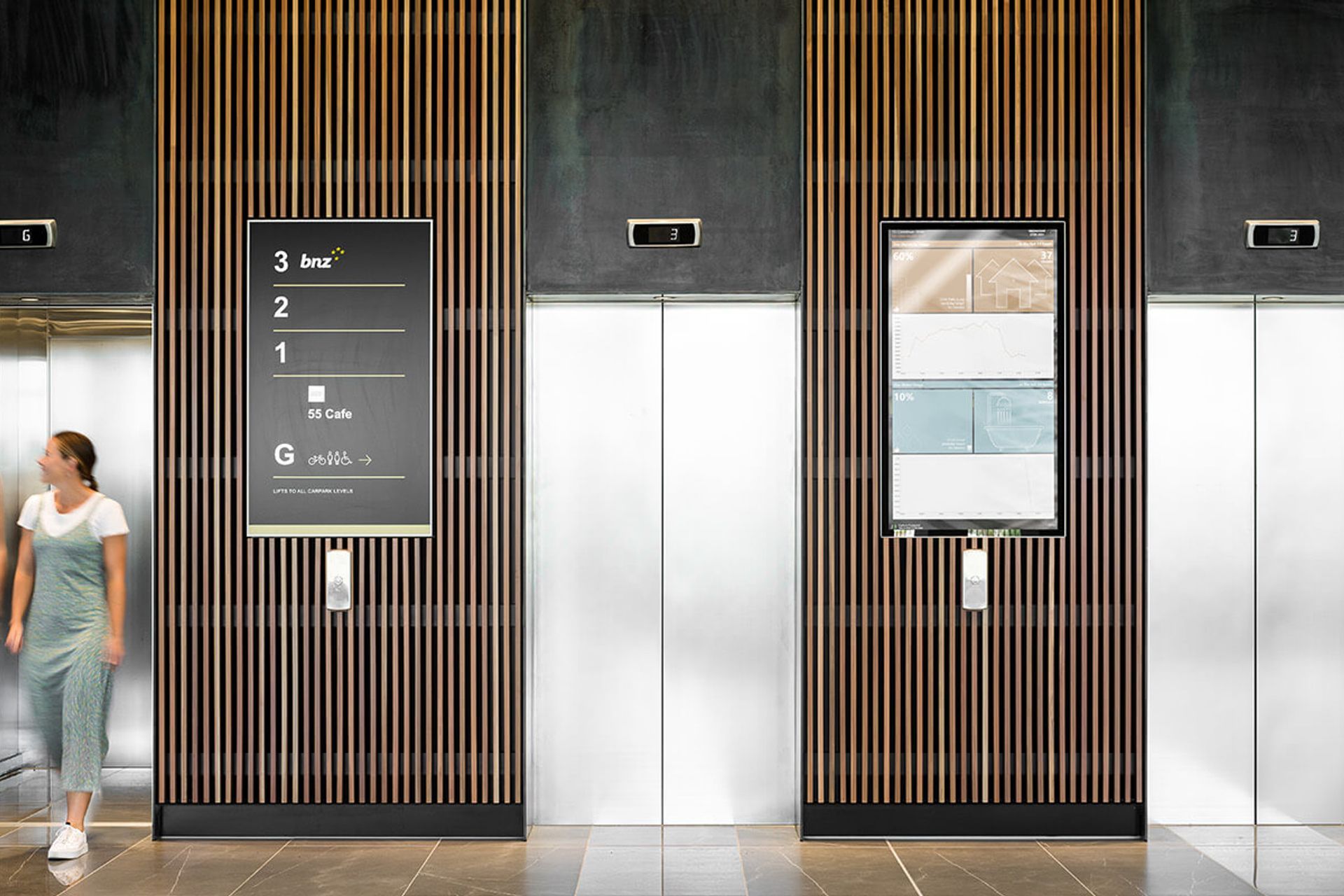 The central atrium interconnects the two buildings with lifts.