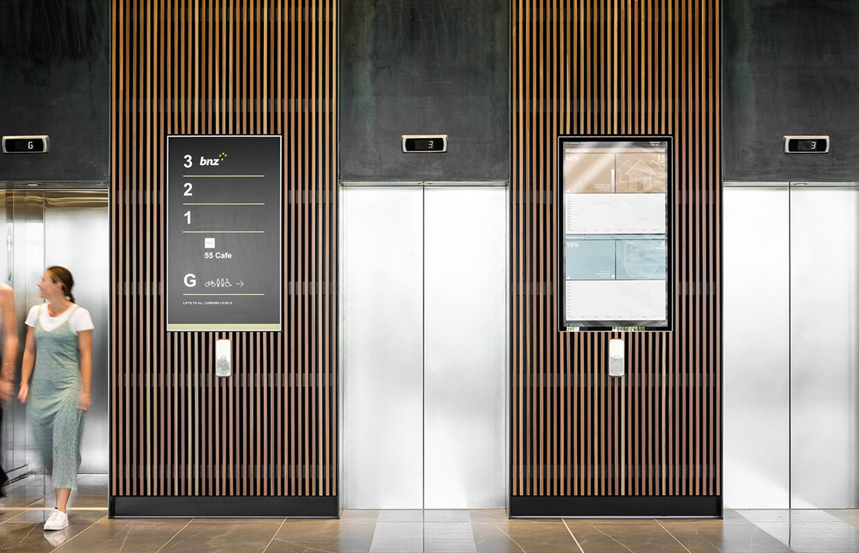 The central atrium interconnects the two buildings with lifts.