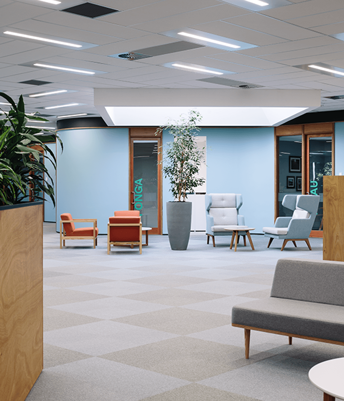 An off-axis ceiling grid sets up a dynamic environment complemented by the sleek, often vibrant furnishings.