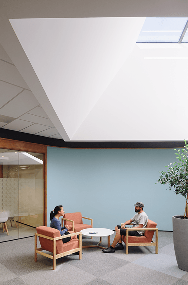 A bright contemporary office lounge or informal meeting area with two upholstered lounge chairs and a small round coffee table arranged against a muted blue wall. A glass-walled room with timber-framed glazing is visible to the left, while a large angular white ceiling bulkhead and skylight bring in natural light. Carpeted flooring, a tall planter, and a restrained modern palette create a clean, professional workplace setting.
