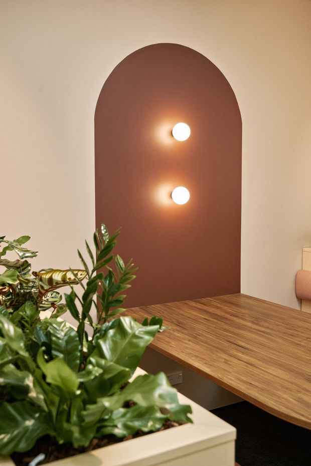 A warm contemporary interior vignette featuring a dark terracotta arched feature wall with two glowing round wall lights. A large timber meeting or dining table occupies the foreground, accompanied by lush plants in a pale built-in planter and a partially visible upholstered chair. The space has a refined, earthy and inviting atmosphere.