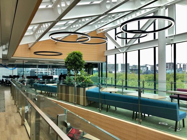 A bright, contemporary multi-level commercial interior with extensive floor-to-ceiling glazing, exposed white steel roof trusses, timber acoustic ceiling panels, glass balustrades, and circular pendant lights. Teal upholstered banquette seating, planter beds, and a distant urban view create an open, hospitality-style lounge or atrium environment.