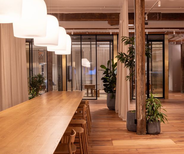 A warm, open-plan commercial interior featuring a long communal timber table with wooden chairs, oversized white pendant lights, timber plank flooring, exposed timber posts and beams, glazed meeting rooms, curtains, and indoor plants. The space has an inviting office or hospitality-like atmosphere with strong natural timber detailing and black-framed glazing.