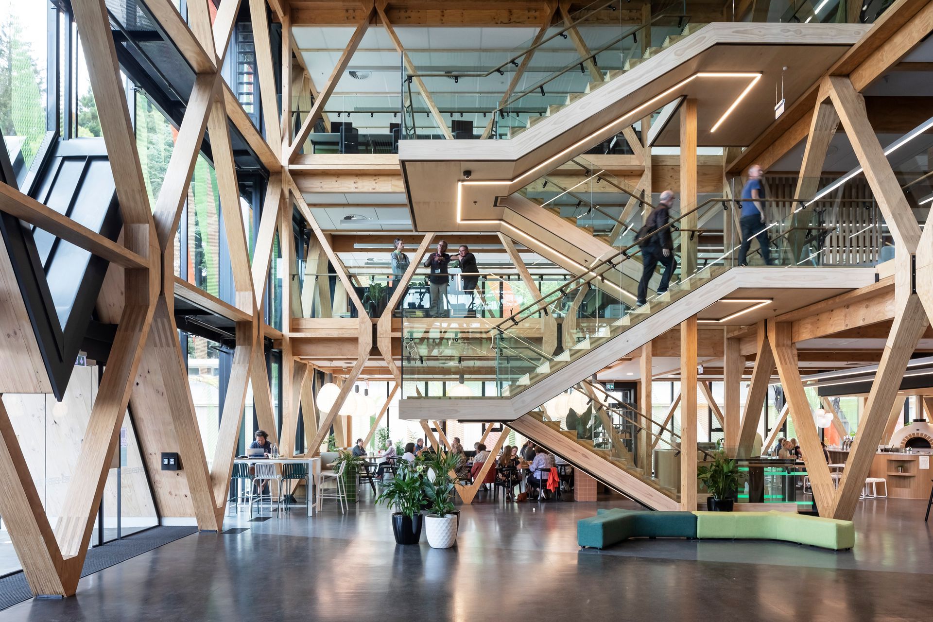 Other than the glazing, the only non-timber materials used in the building are the concrete around the perimeter and some steel in the cantilevered landings. The floor is cork tile over a floating substrate.