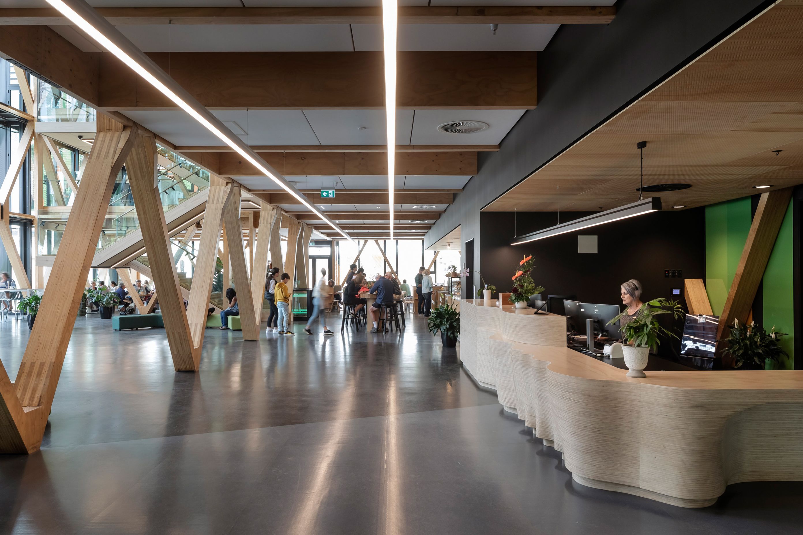 The reception desk is made from layers of ply that have been CNC cut and then assembled into a solid whole.