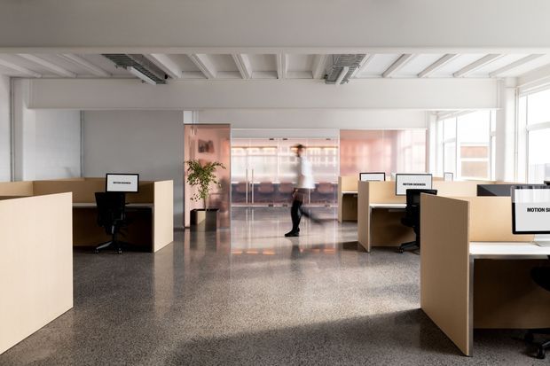 Open-plan contemporary office interior with rows of light timber workstation partitions, black task chairs, polished terrazzo flooring, exposed white ceiling beams and services, and extensive glazing. A blurred person is walking through the central glazed meeting or circulation area.