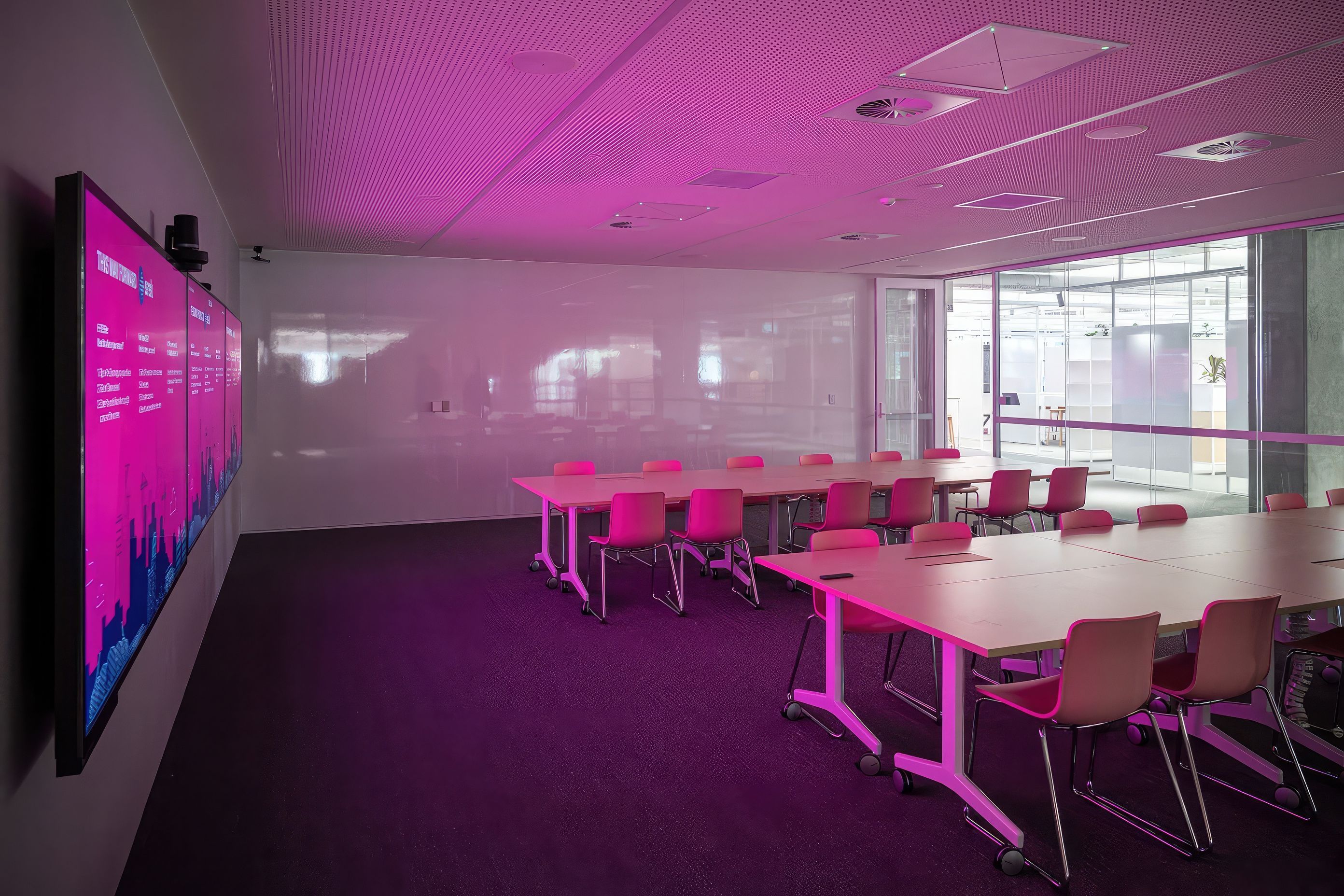 The stud ceiling in the meeting room features precise engineering in order for servicing hardware to be installed in the correct positioning relative to the ceiling panelling.