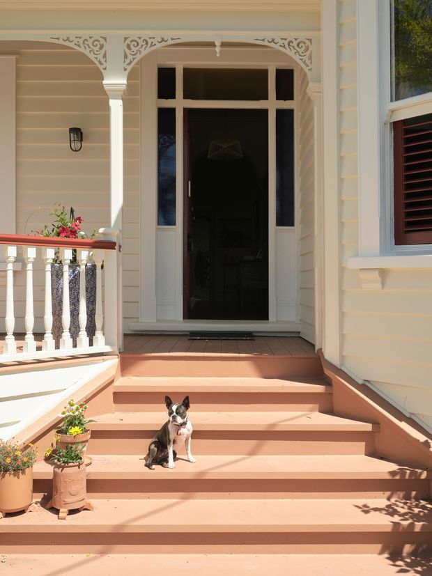 Exterior view of a traditional residential entrance with a raised timber porch, broad terracotta-pink steps, cream weatherboard cladding, ornate white fretwork and posts, a dark glazed front door with sidelights, and a louvred window. Potted plants and a small dog sit on the steps.