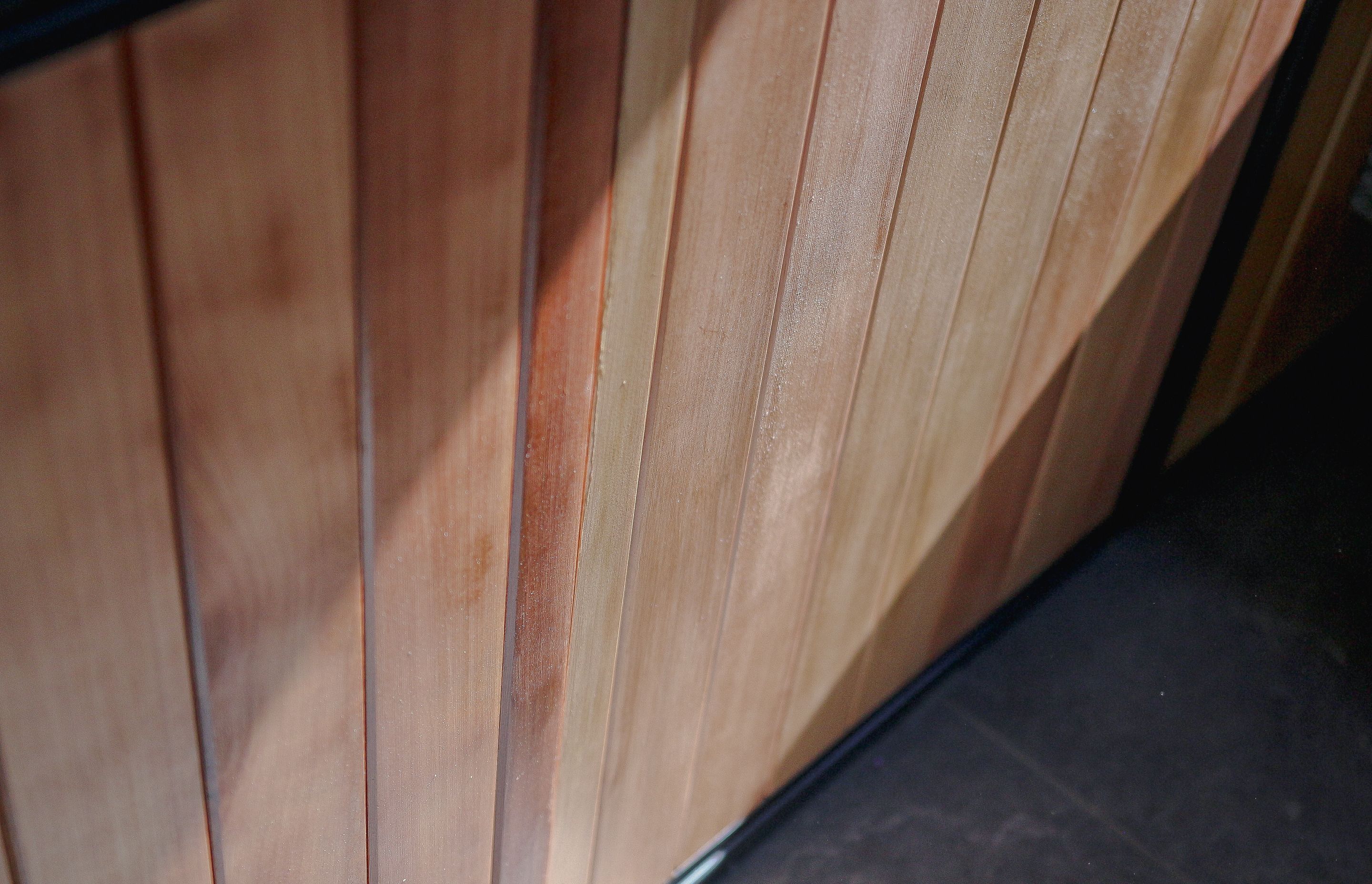 Tongue &amp; groove cedar soft-close doors with polyurethane clear vanish