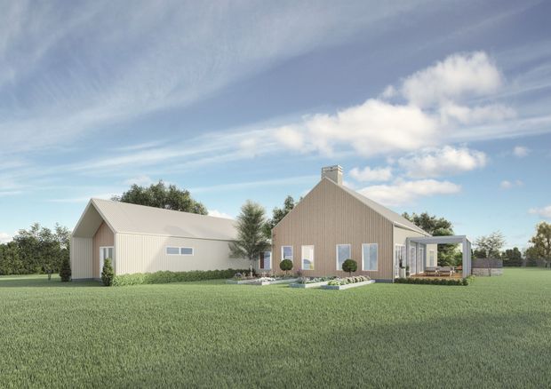 A photorealistic architectural rendering of a low-rise rural-style home composed of two connected gabled volumes. The main house has pale vertical weatherboard cladding, a pitched metal roof, tall narrow windows, and a simple chimney. A smaller matching gabled wing sits to the left, while a glazed or screened outdoor connection and covered terrace extend from the right. The house is set in a broad green lawn with low planting and mature trees under a bright partly cloudy sky.