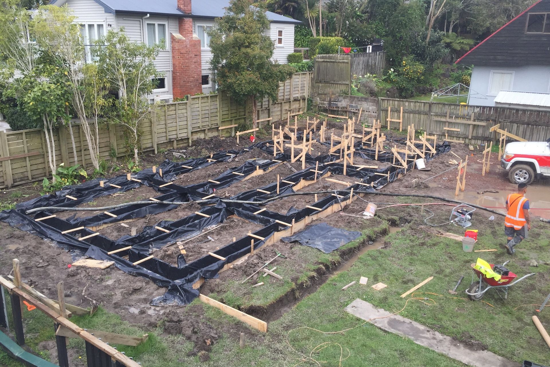 The foundations proved tricky due to the site being below the water table, so a floating slab was used, as well as pumps of keep the water out during construction.