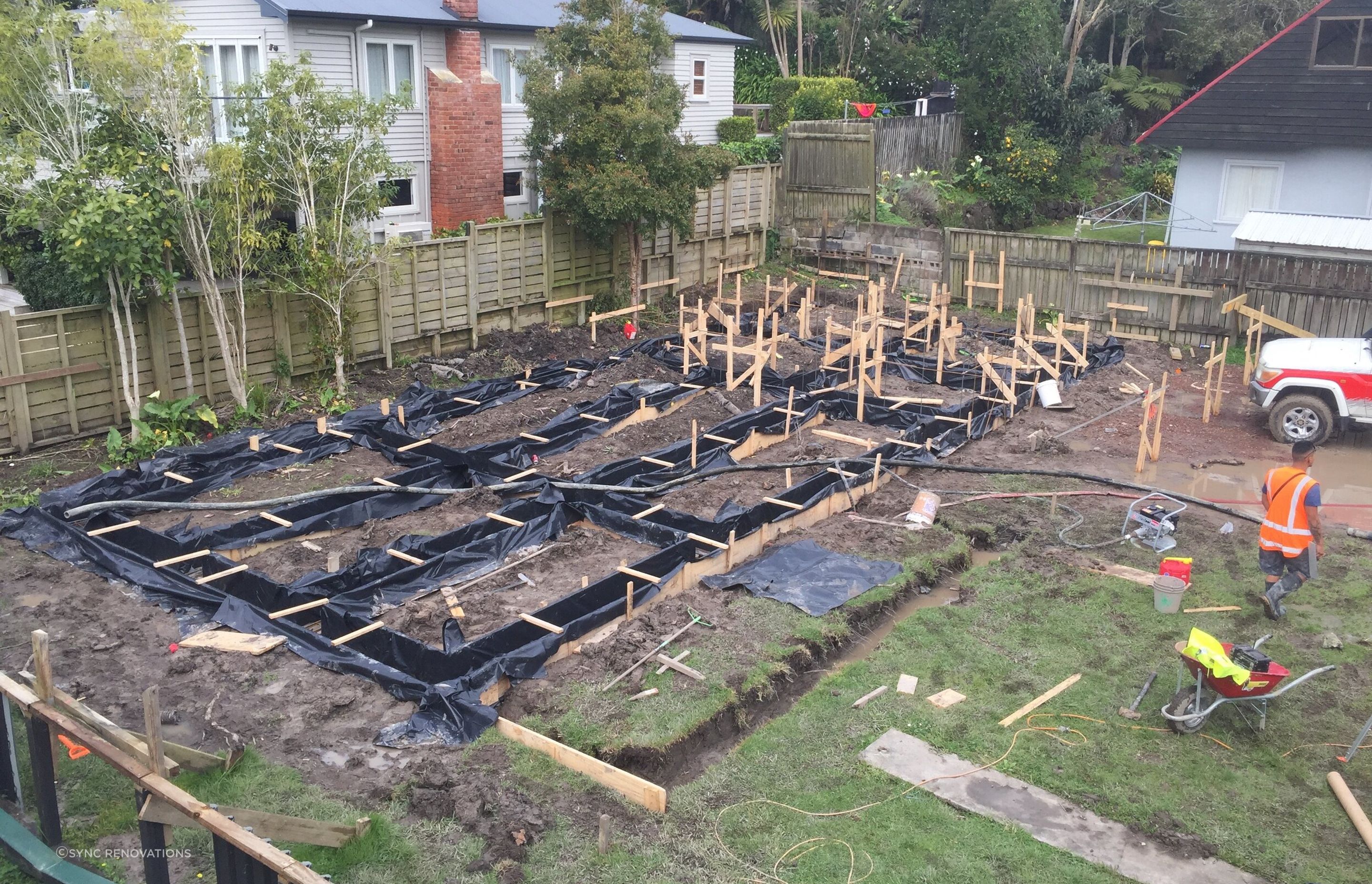 The foundations proved tricky due to the site being below the water table, so a floating slab was used, as well as pumps of keep the water out during construction.