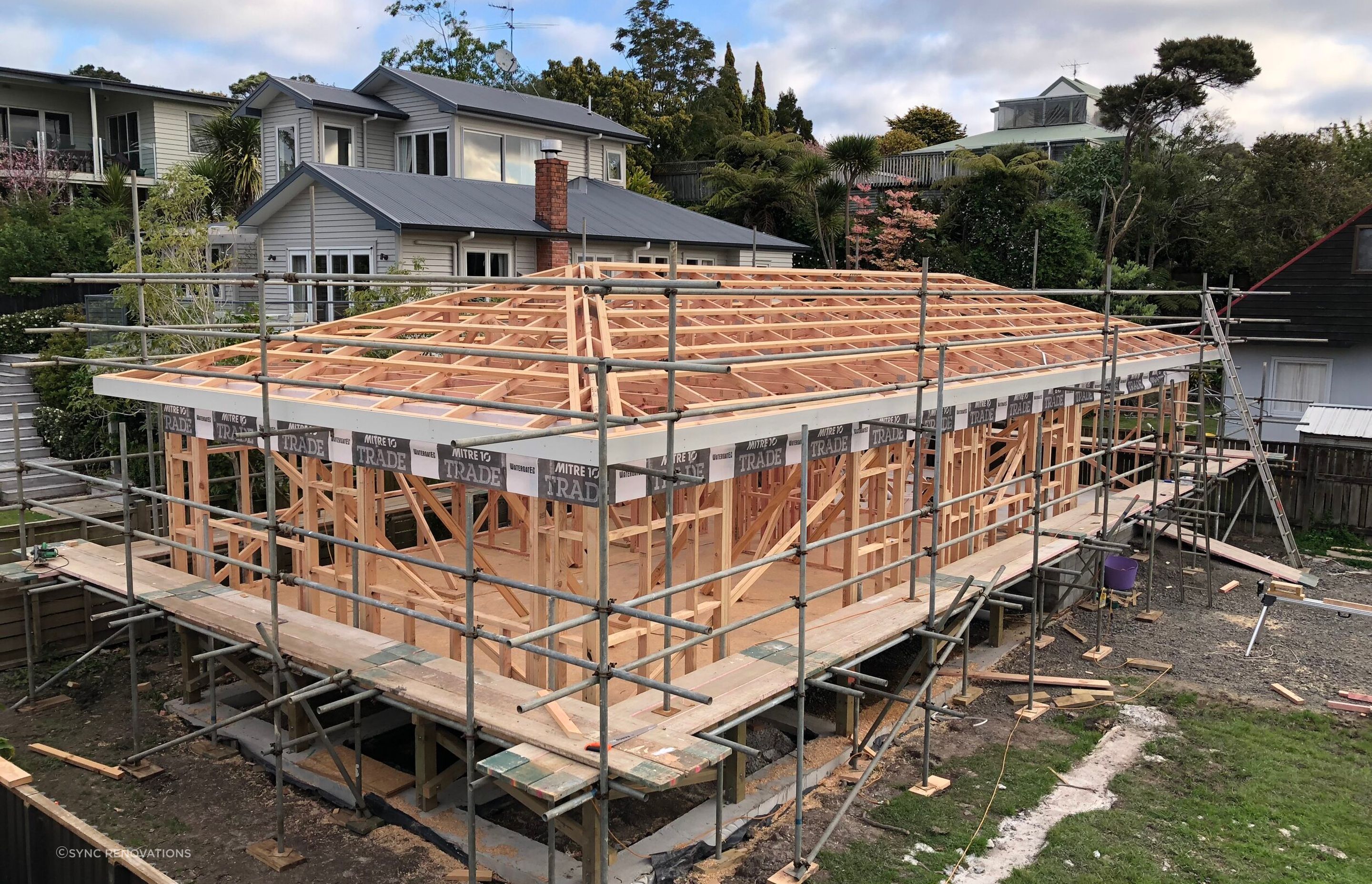 The framework for the house and garage